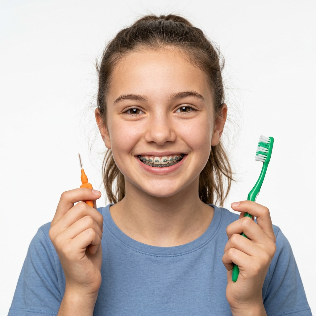 Smiling girl with braces holding brush